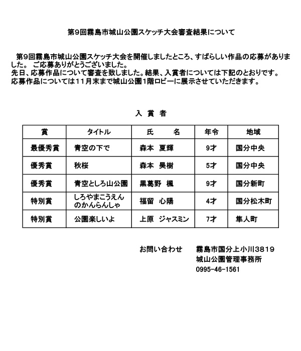 城山公園 | 第9回霧島市城山公園スケッチ大会の審査結果